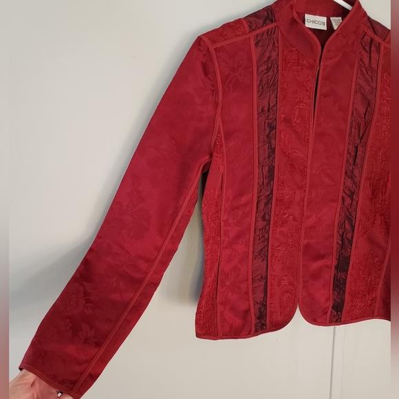 Chico's Red Brocade Tapestry Mandarin Collar Blazer - Picture 4 of 11
